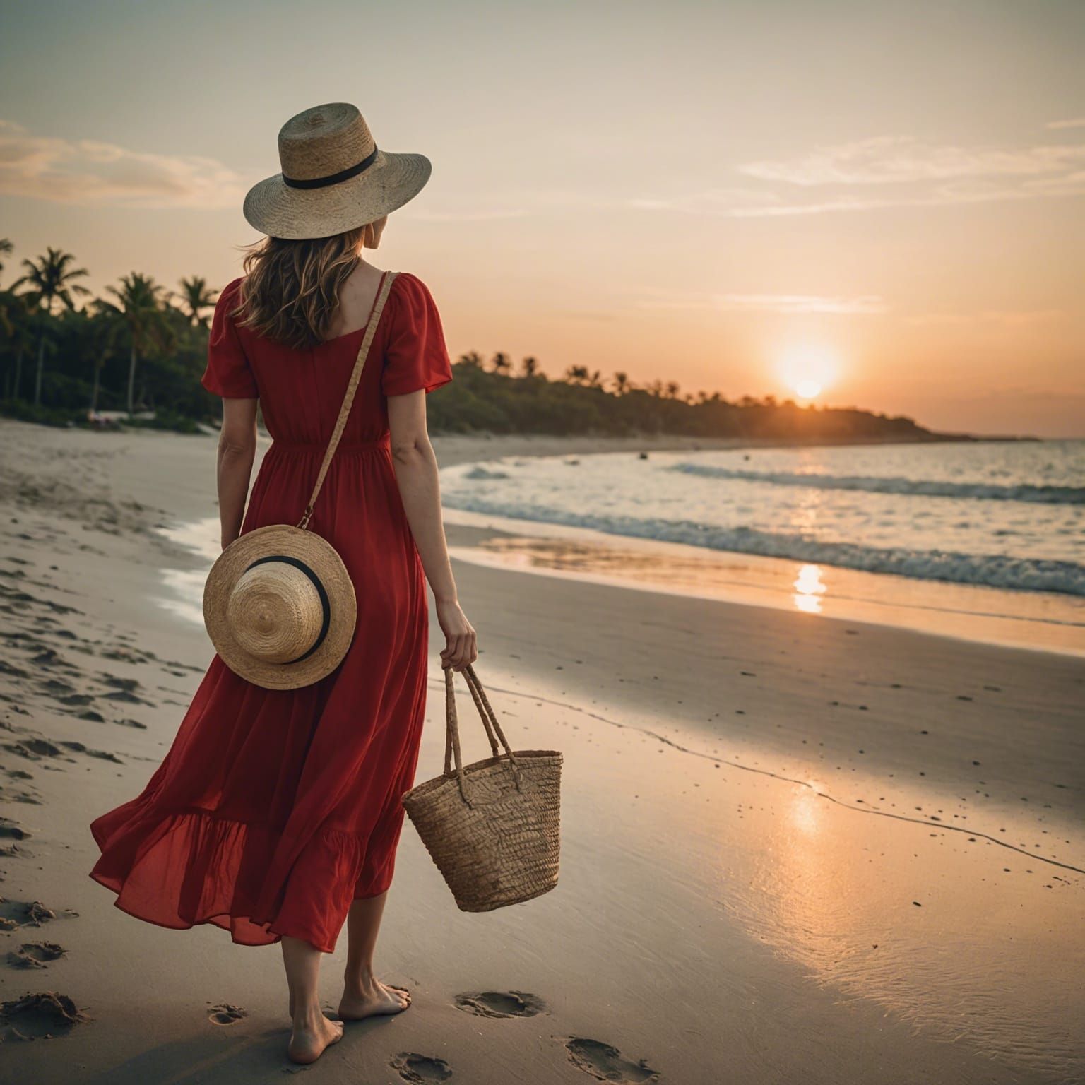 Barefoot girl in a red dress with a straw hat and straw hand...