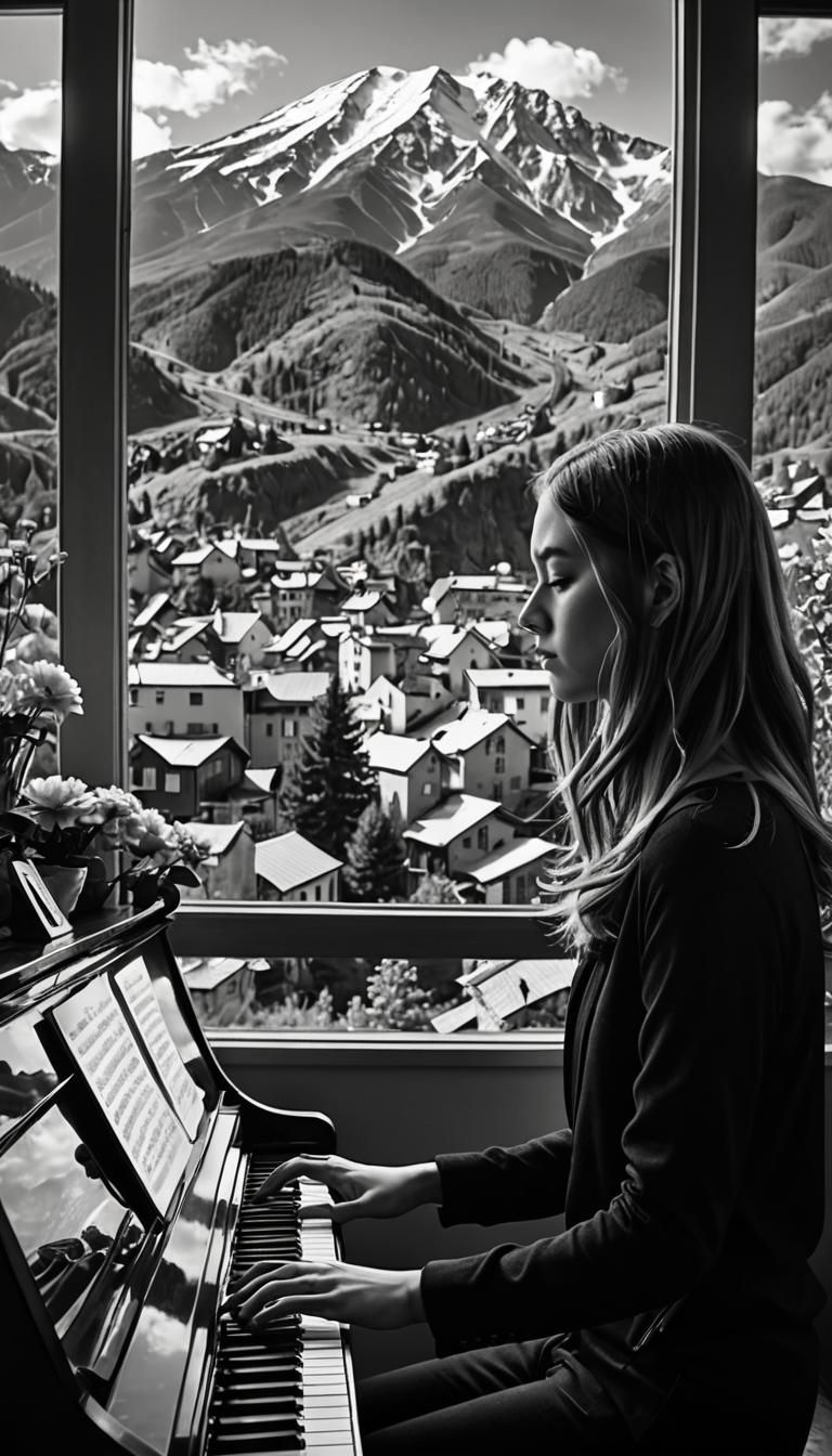 Girl Playing Piano with Mountain View