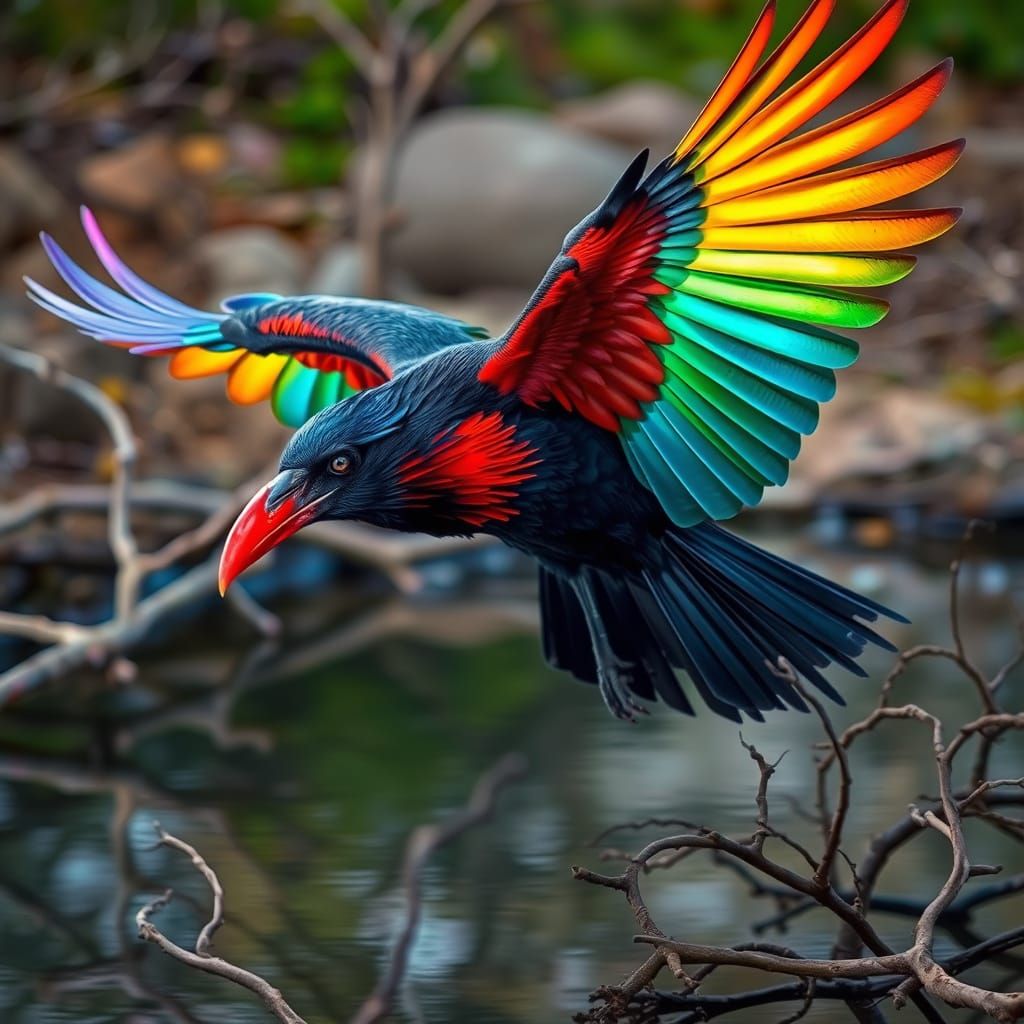 Rainbow Raven Flying Over Reflecting Pool