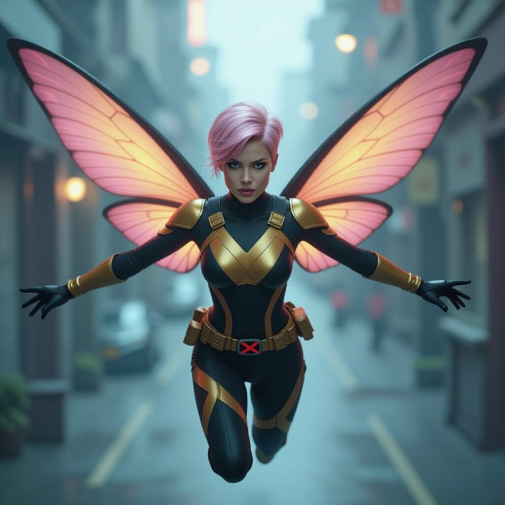 Winged Woman Flies in Retro-Futuristic Style