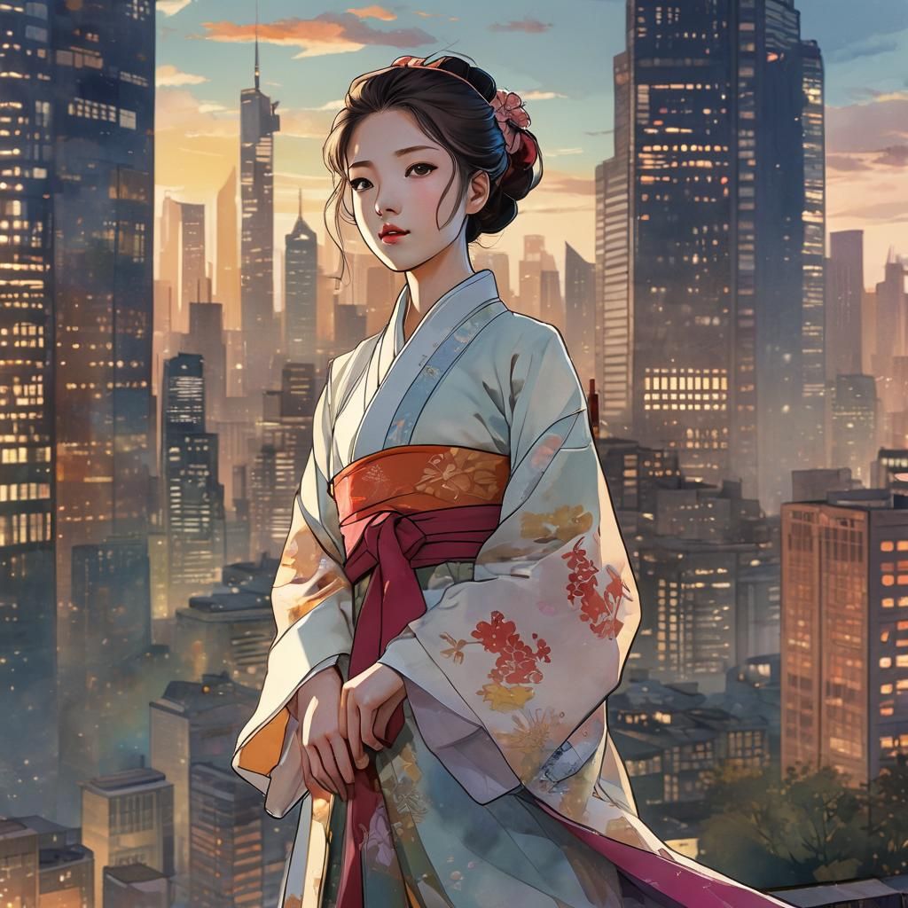 Anime Woman in Hanbok with Cityscape Background