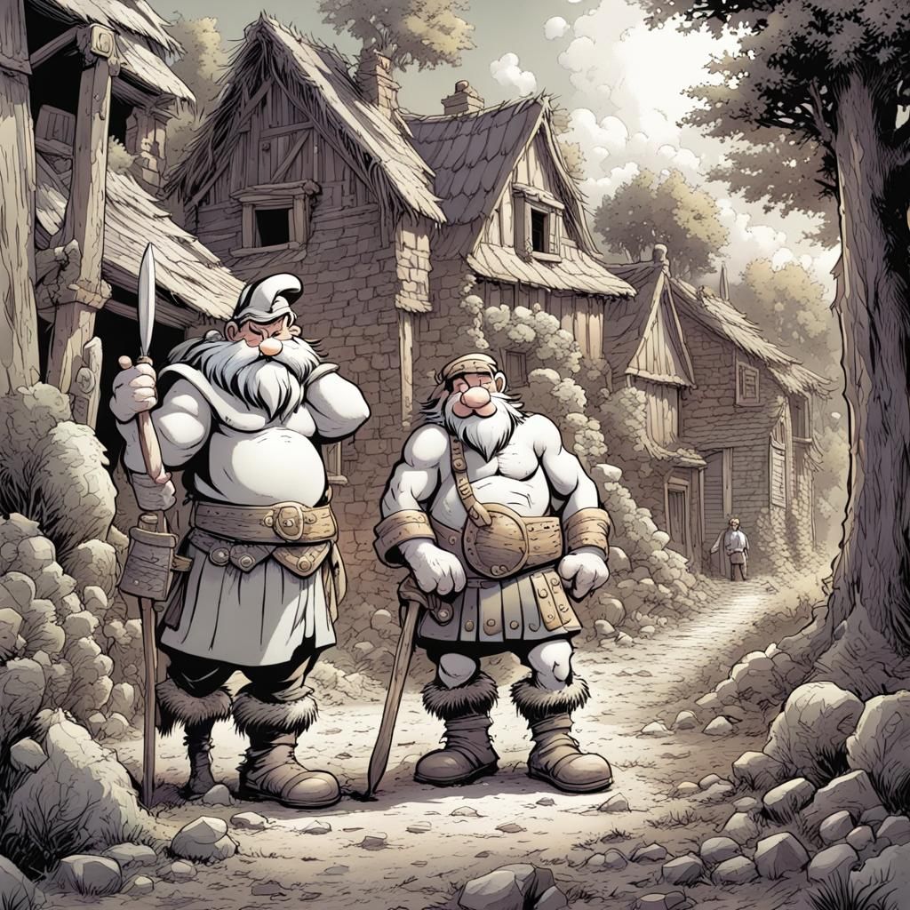 Asterix and Obelix in Gaul Village: Comic Book Art
