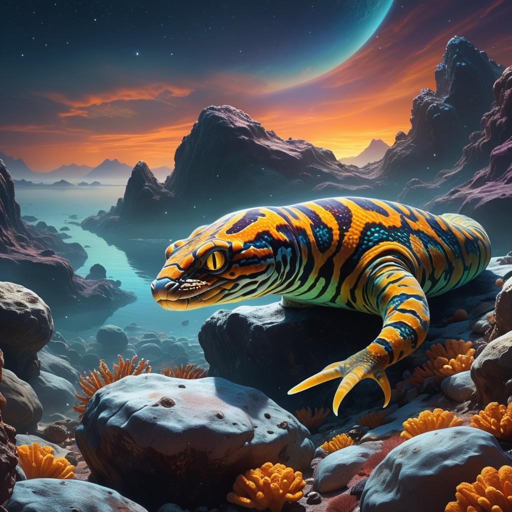 Tiger Moray Eel Alien on Exoplanet: Digital Art