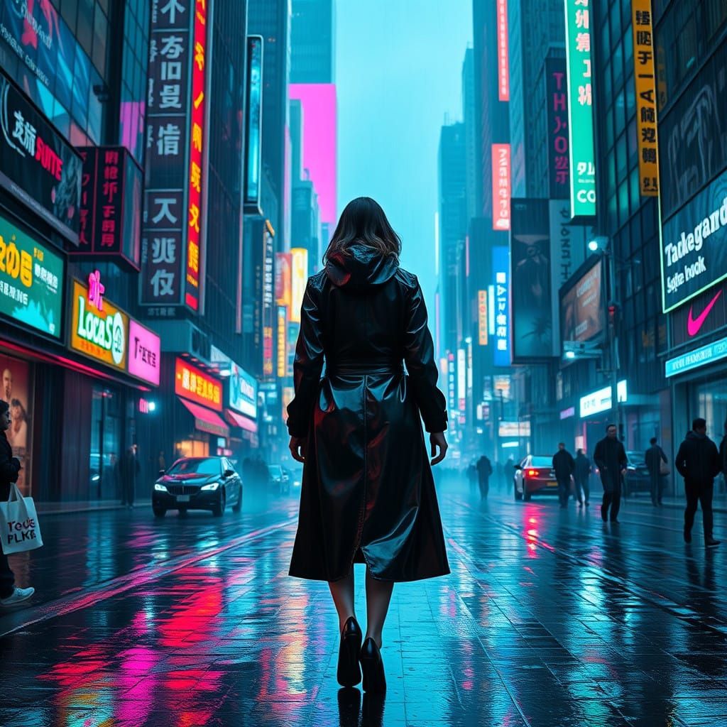 Cyberpunk Girl Walks Away from the Camera in a Rainy Metropo...