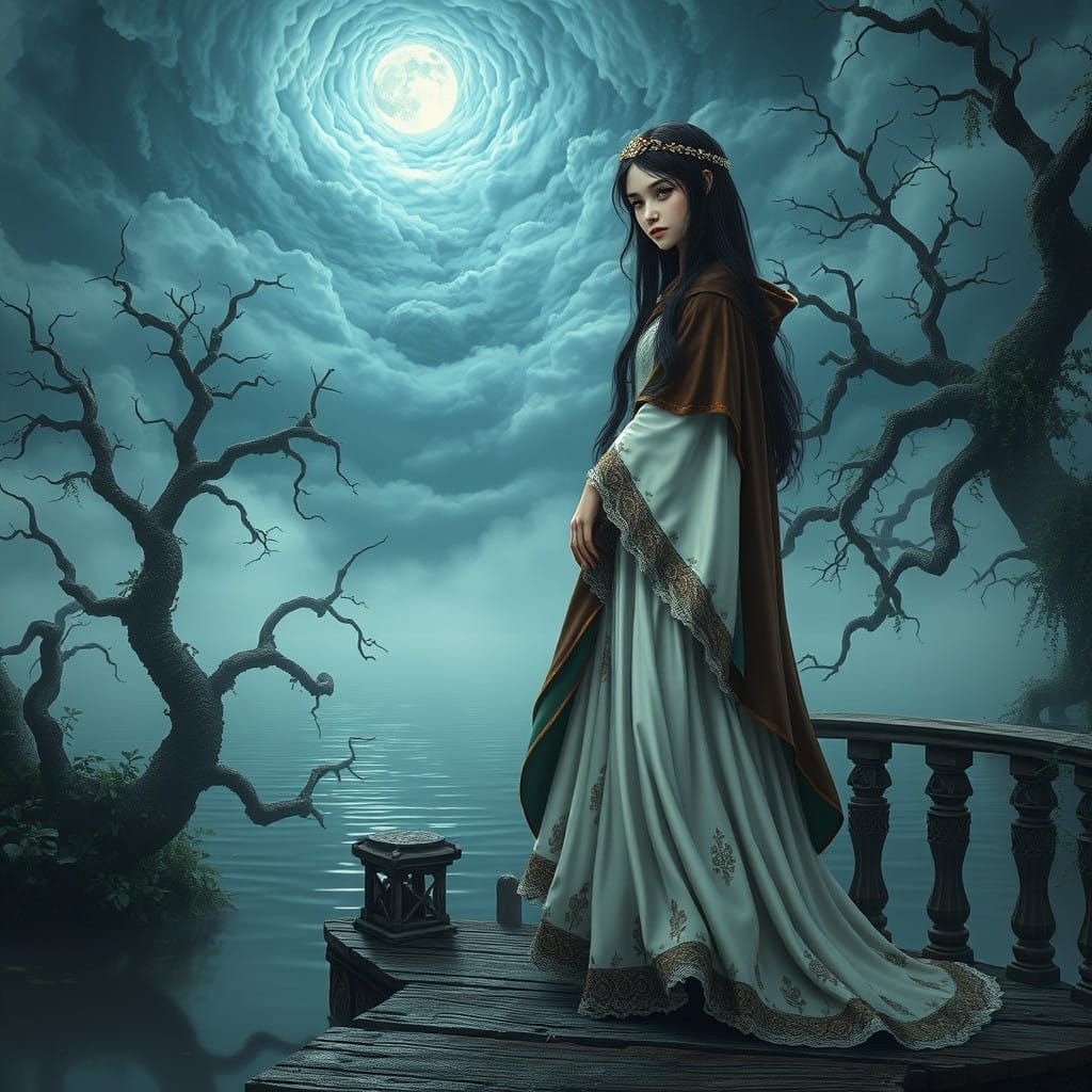 Medieval Lady of Shalott in Misty Lakeside Setting as Digita...