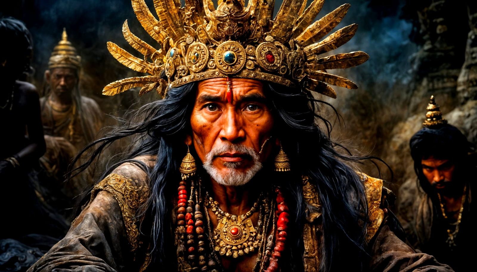 Ancient Nepalese King with Hyper-Detailed Shripech Crown