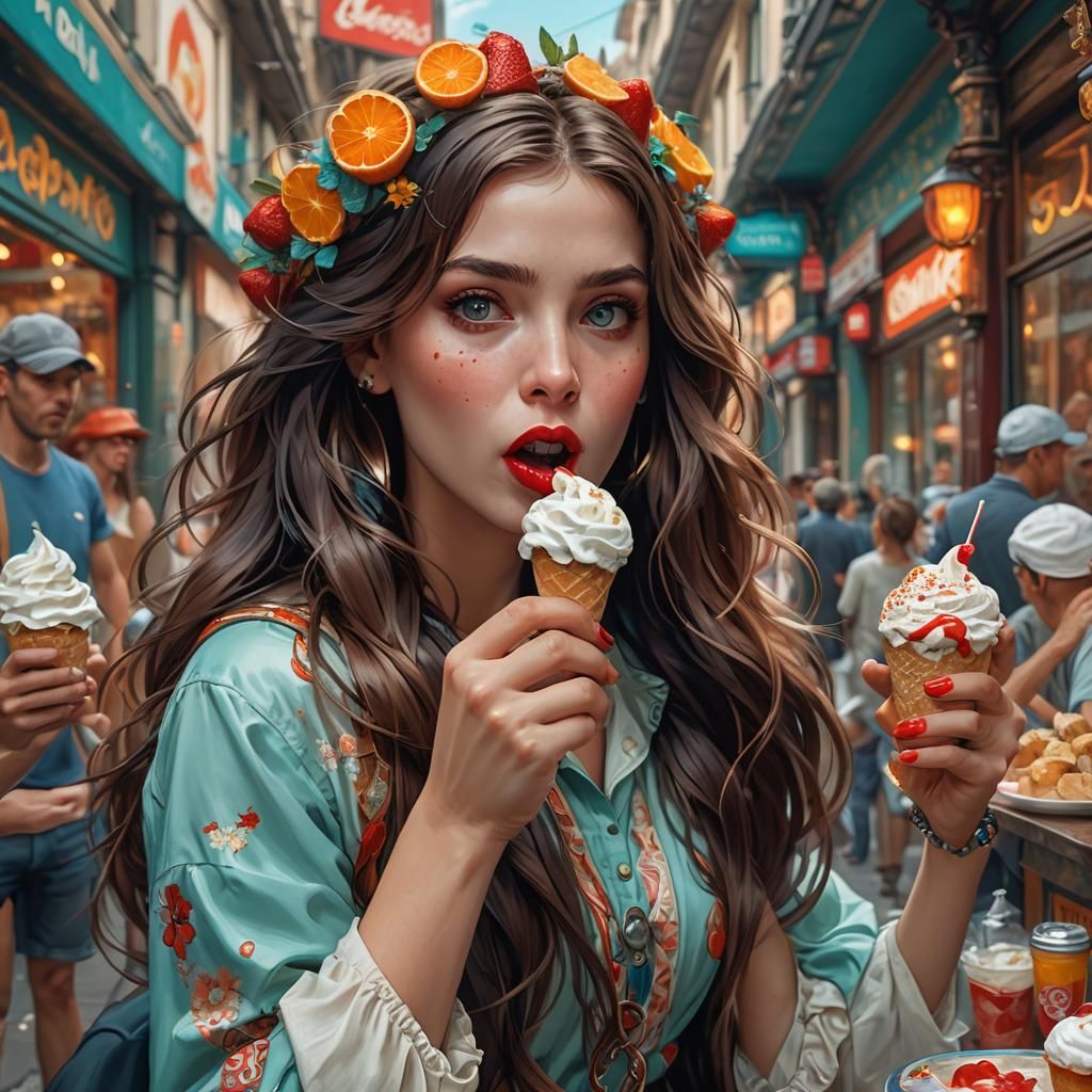 Woman with Ice Cream, Dynamic Lighting, Splash Art