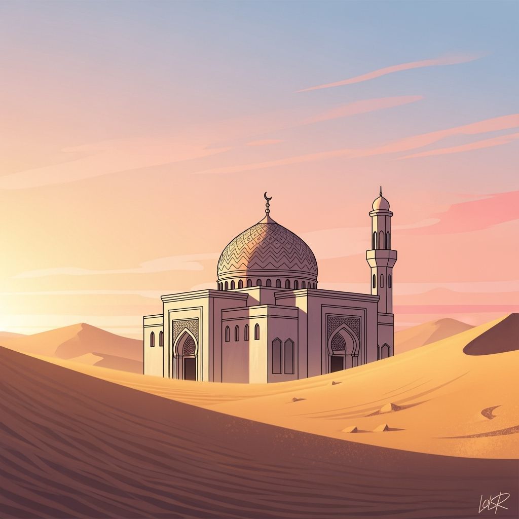 Desert Mosque at Sunrise: Minimalist Digital Painting