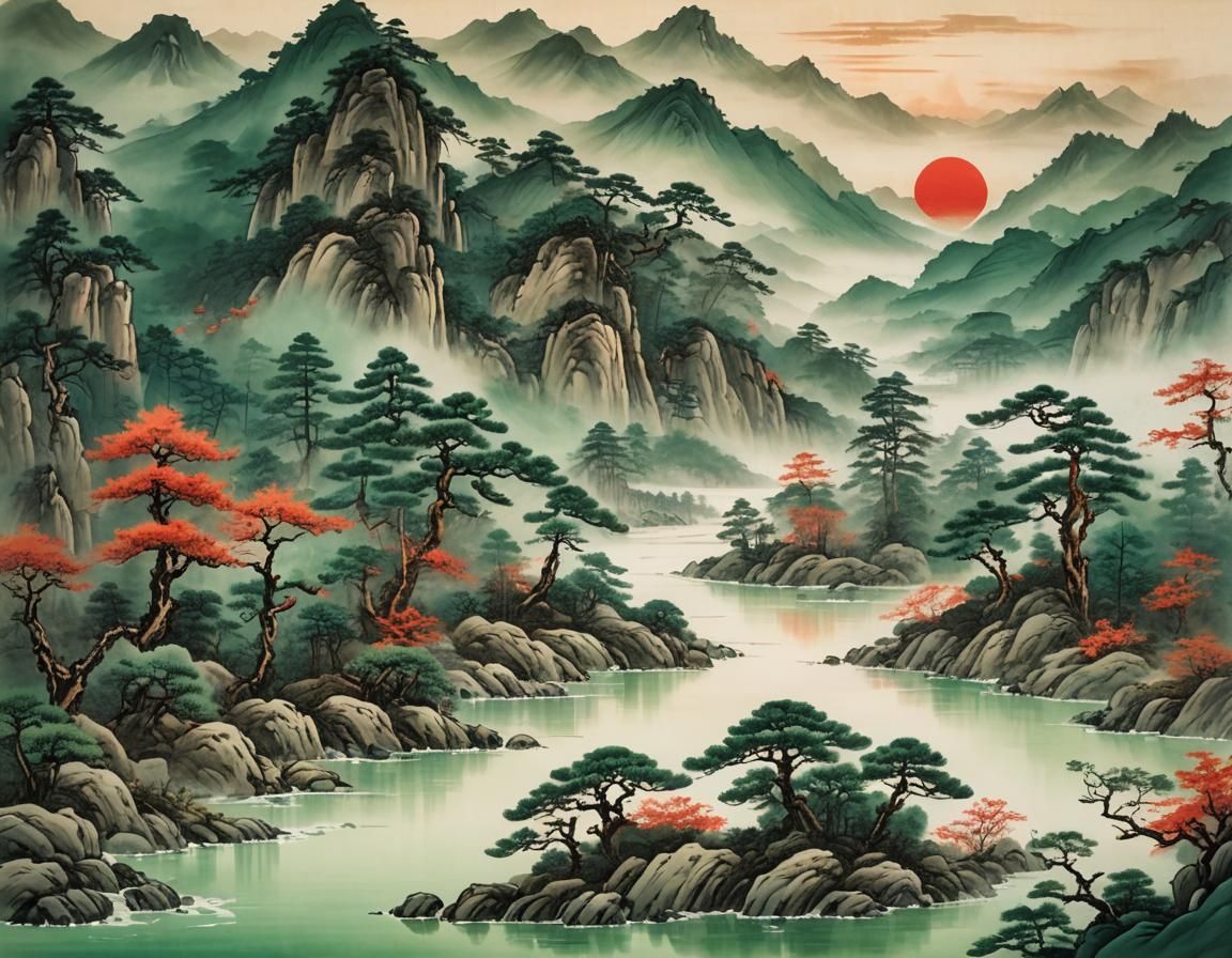 Serene River Through Misty Mountains: Asian Landscape