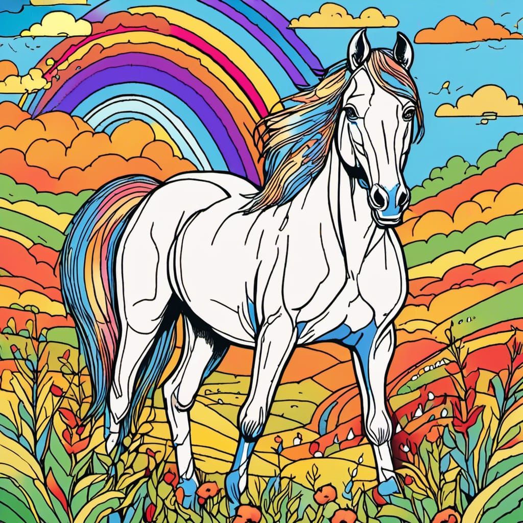 Cartoon Horse in Field with Rainbow: Pop Art Style