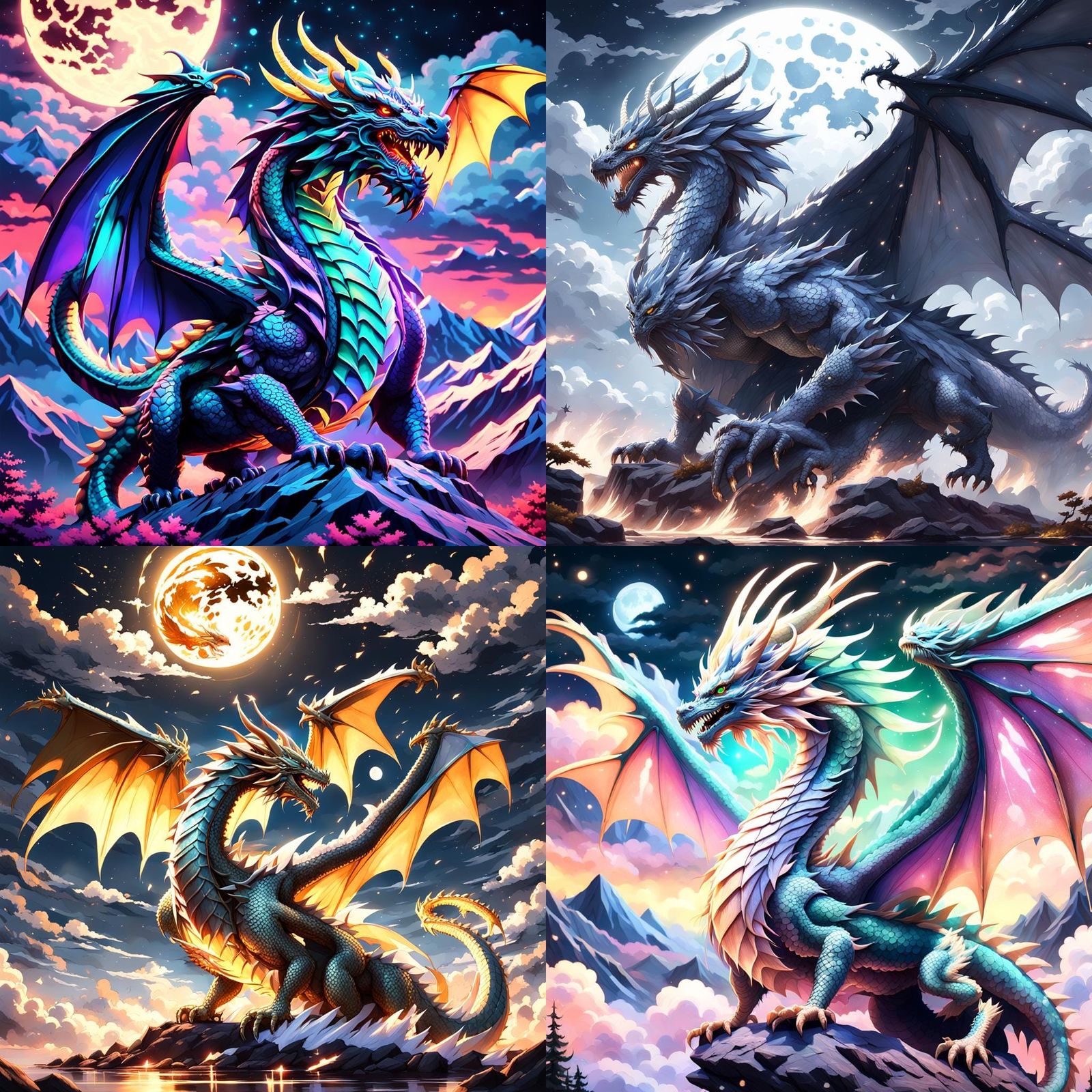 Majestic Dragon Soaring Under Full Moon, Anime Style