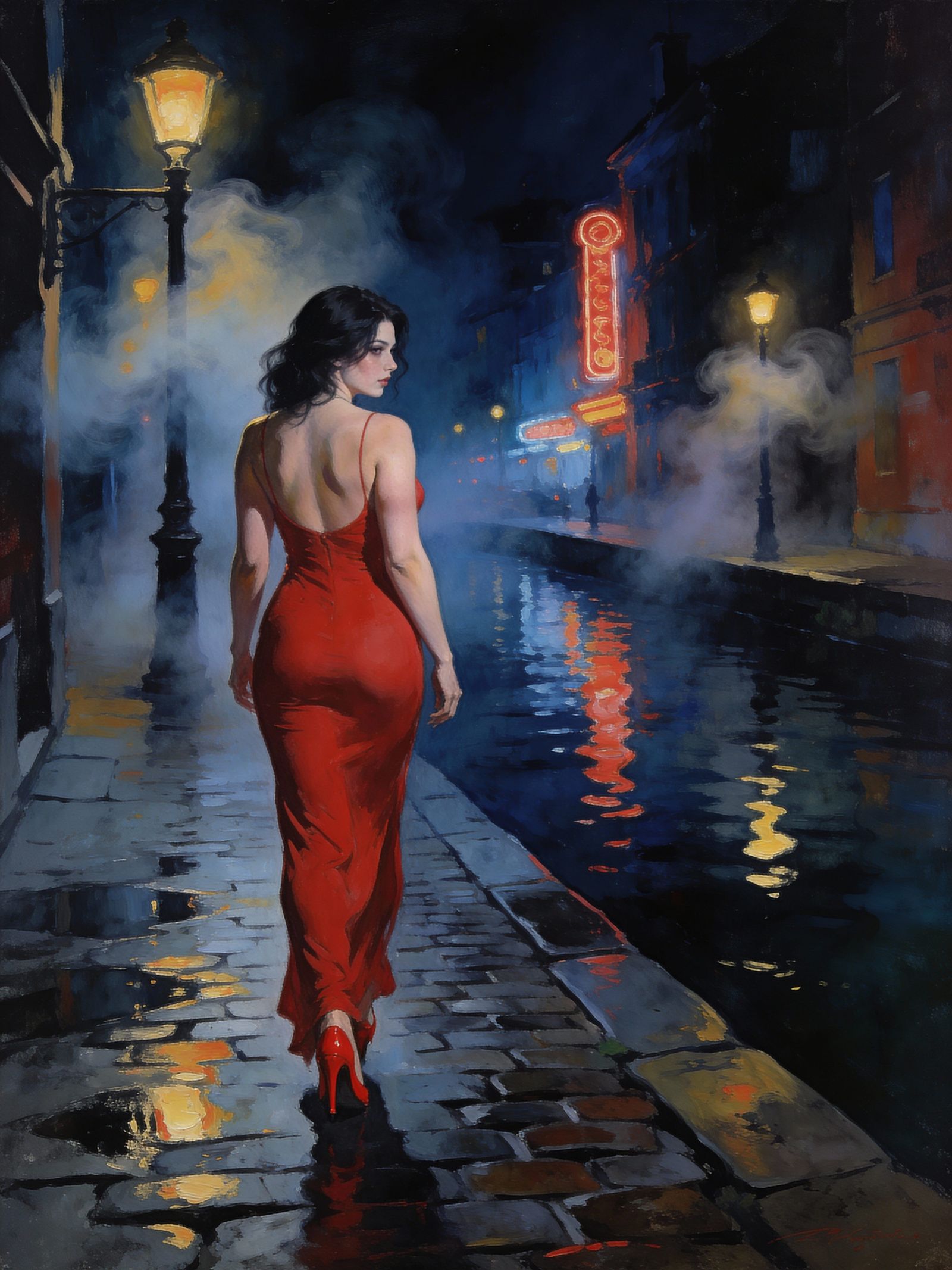 Woman in Red Dress on Misty Night Street