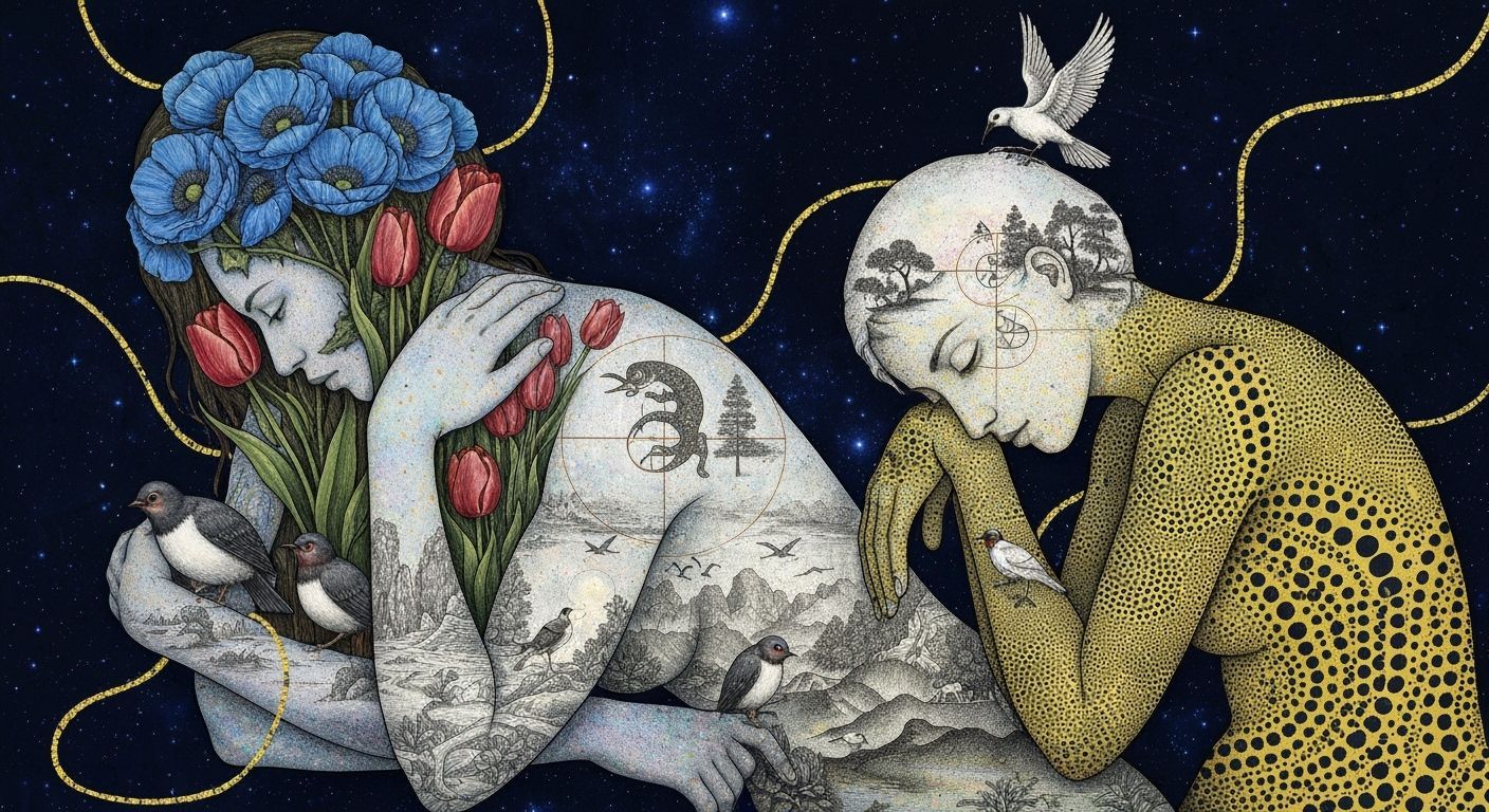 Ethereal Woman: Stars, Flowers, and Birds in Dreamlike Conce...
