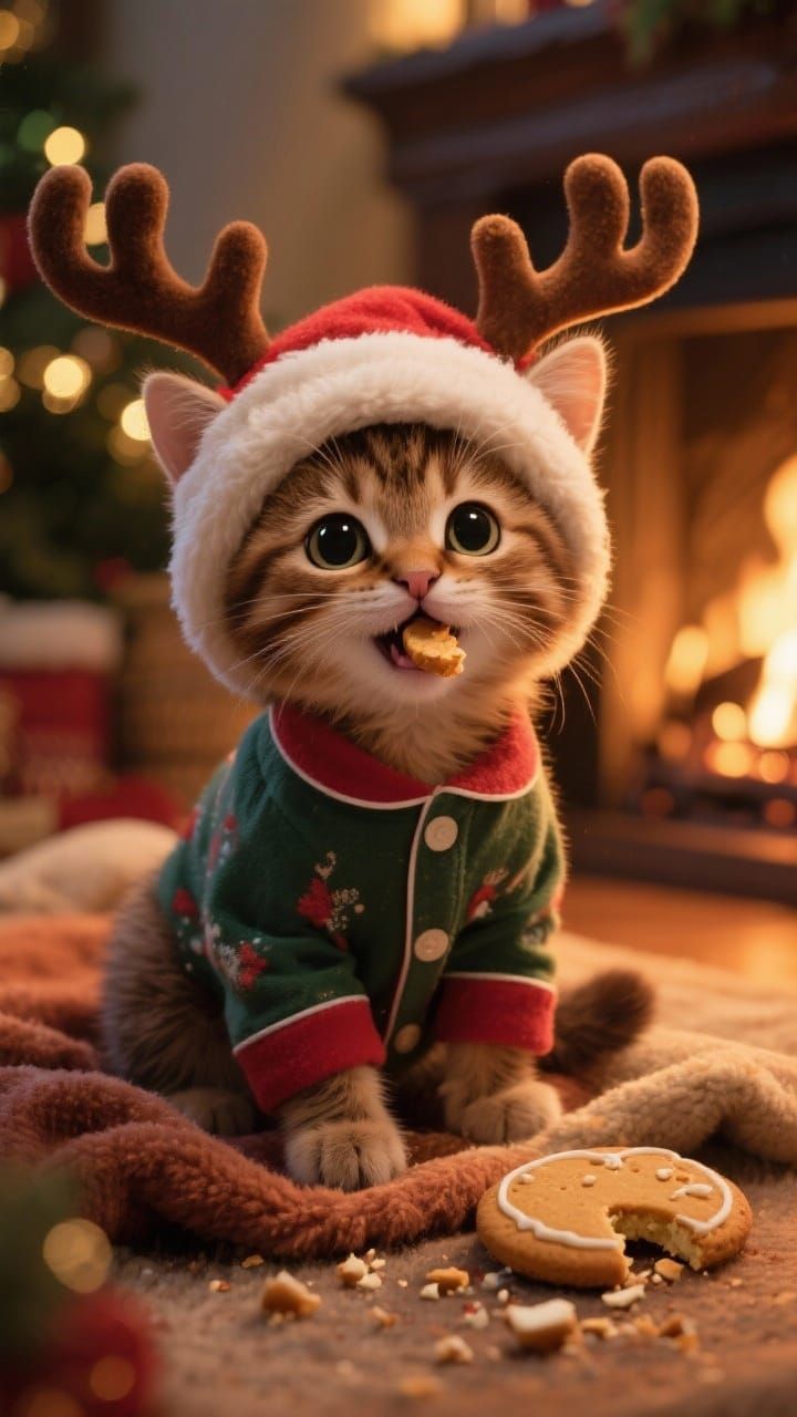 Cute Kitten in Reindeer Hat with Christmas PJs
