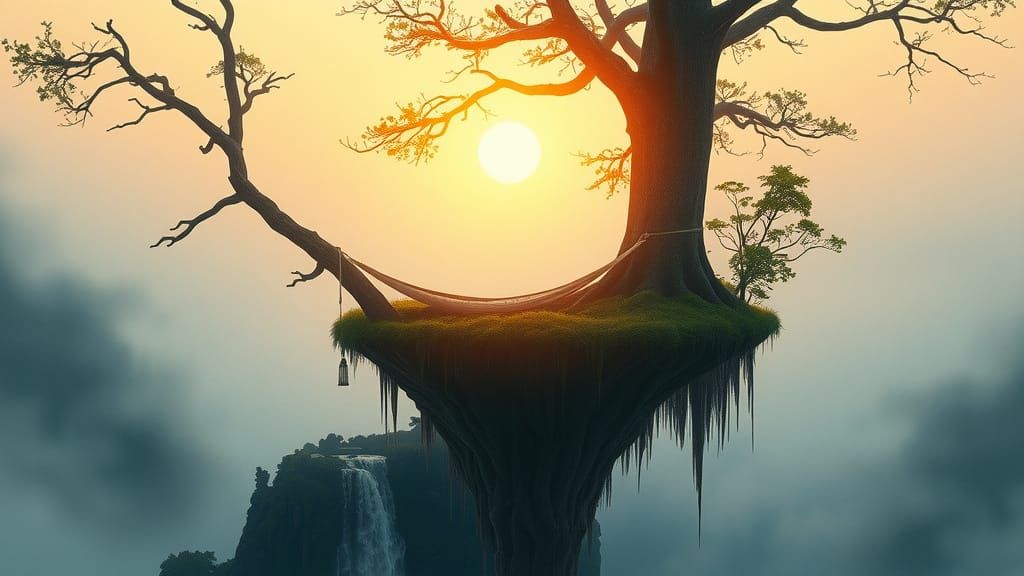 Floating Island Sanctuary at Sunset in Watercolor Style