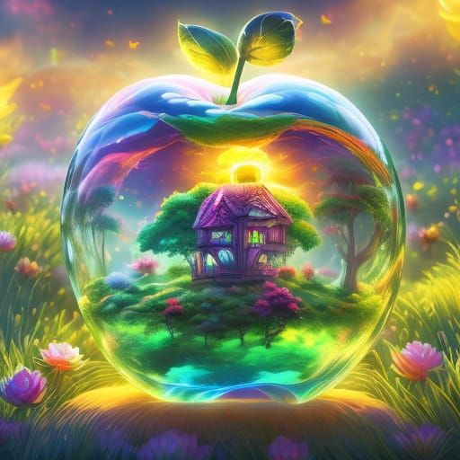<lora:A soft floral dream:1.0> A miniature house at the centre of the apple view