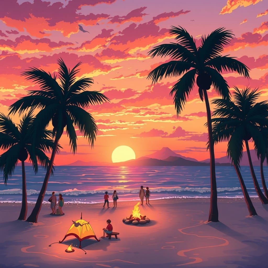 Sunset Beach Anime Scene in Ghibli Style