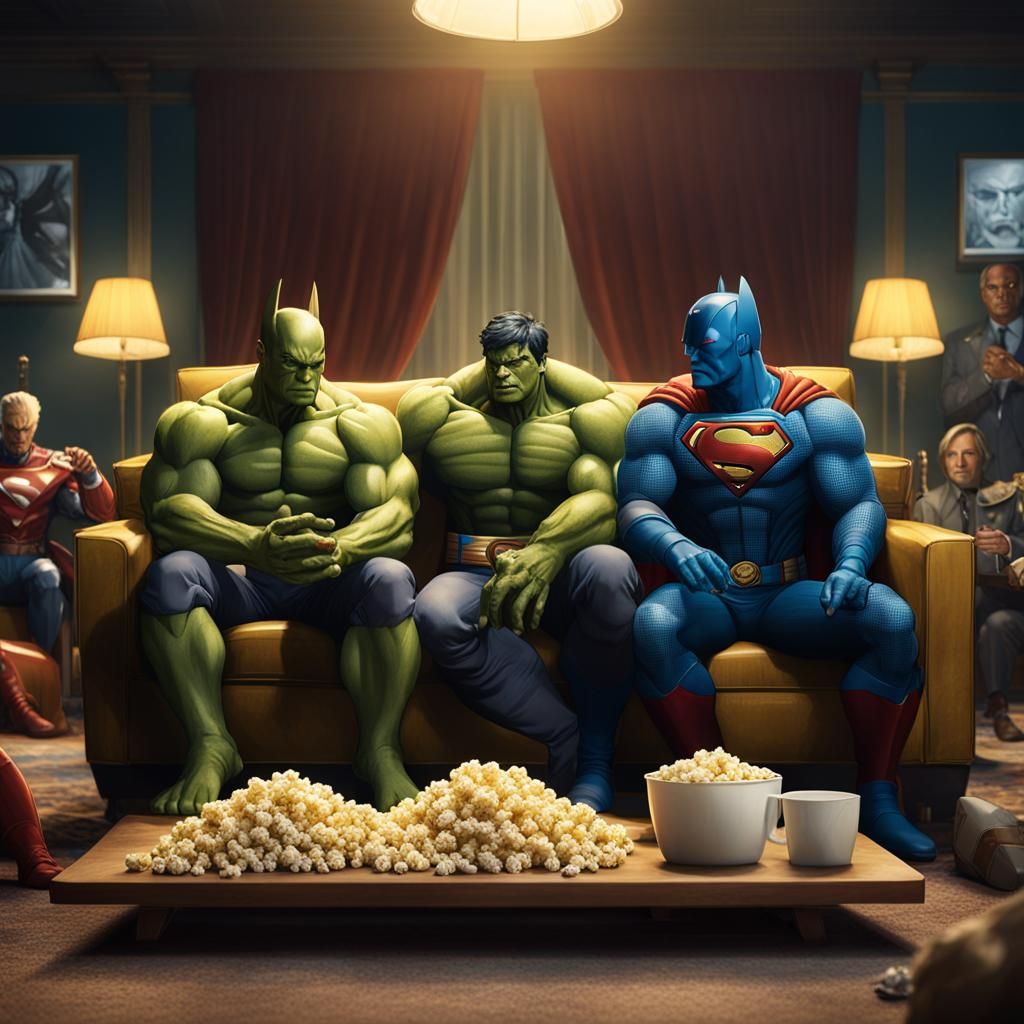 Superheroes Watch Movie: Detailed Fantasy Art