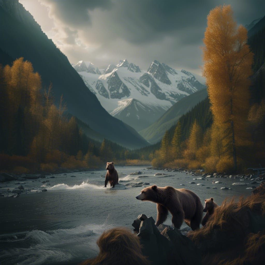 Bears Catching Salmon: Epic Alaskan River Scene