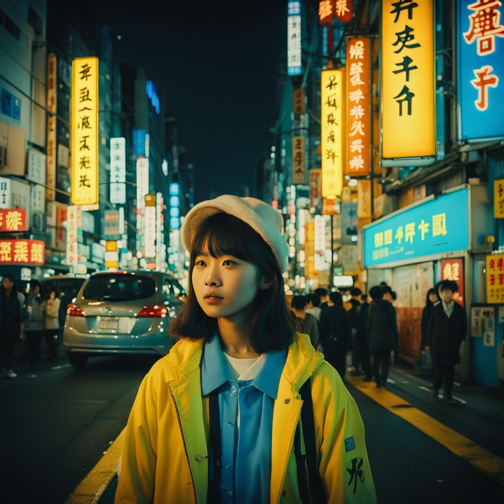 Girl in Tokyo Neon Nightlife: Cinematic Film Still