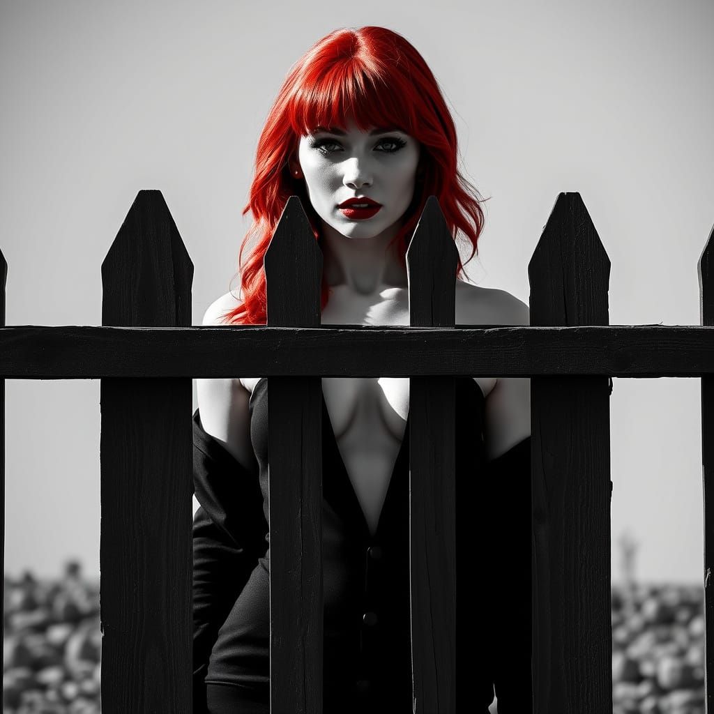 Redheaded Pin-Up Behind Dilapidated Fence in Black and White