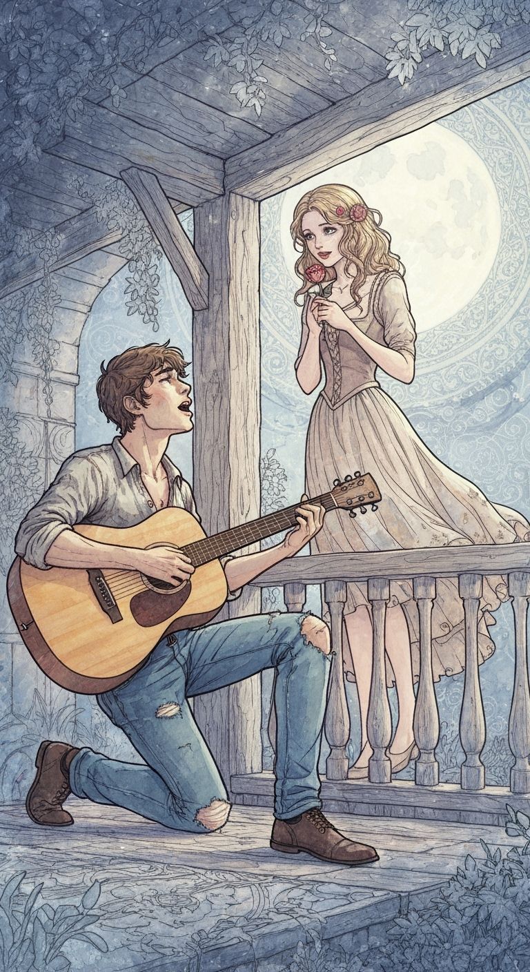 Romantic Balcony Serenade in Art Nouveau Watercolor Style