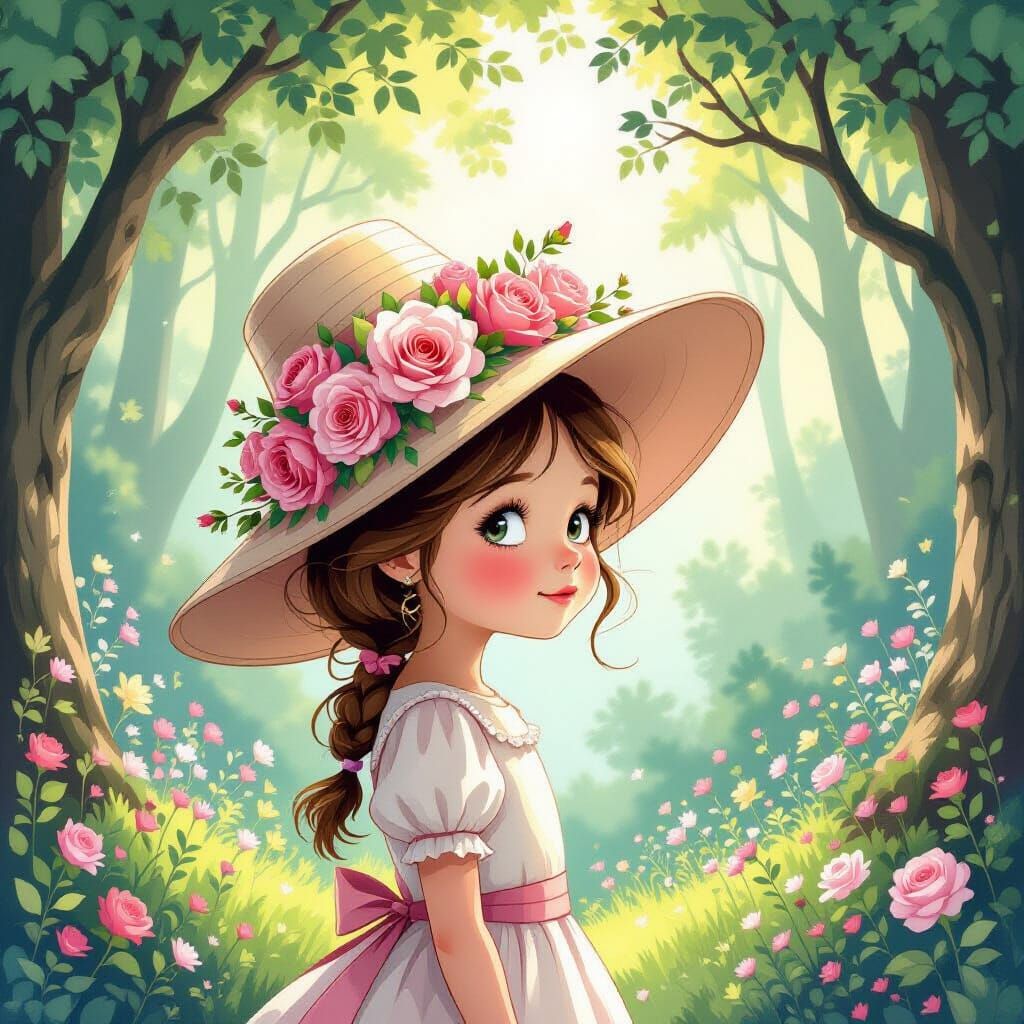 Enchanted Forest Girl with Rose Hat in Storybook Style