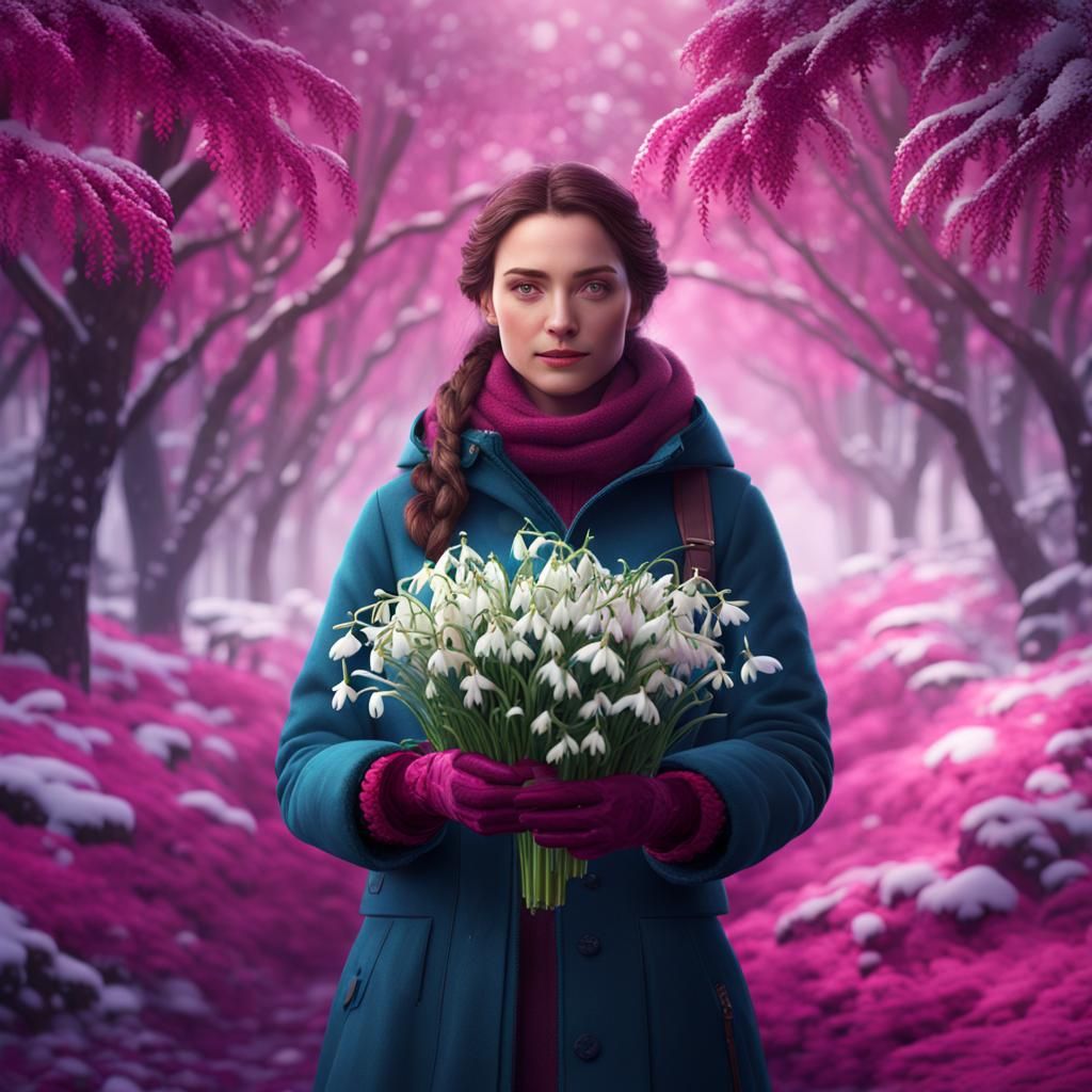 Woman with Snowdrops in Winter: a Detailed Digital Painting