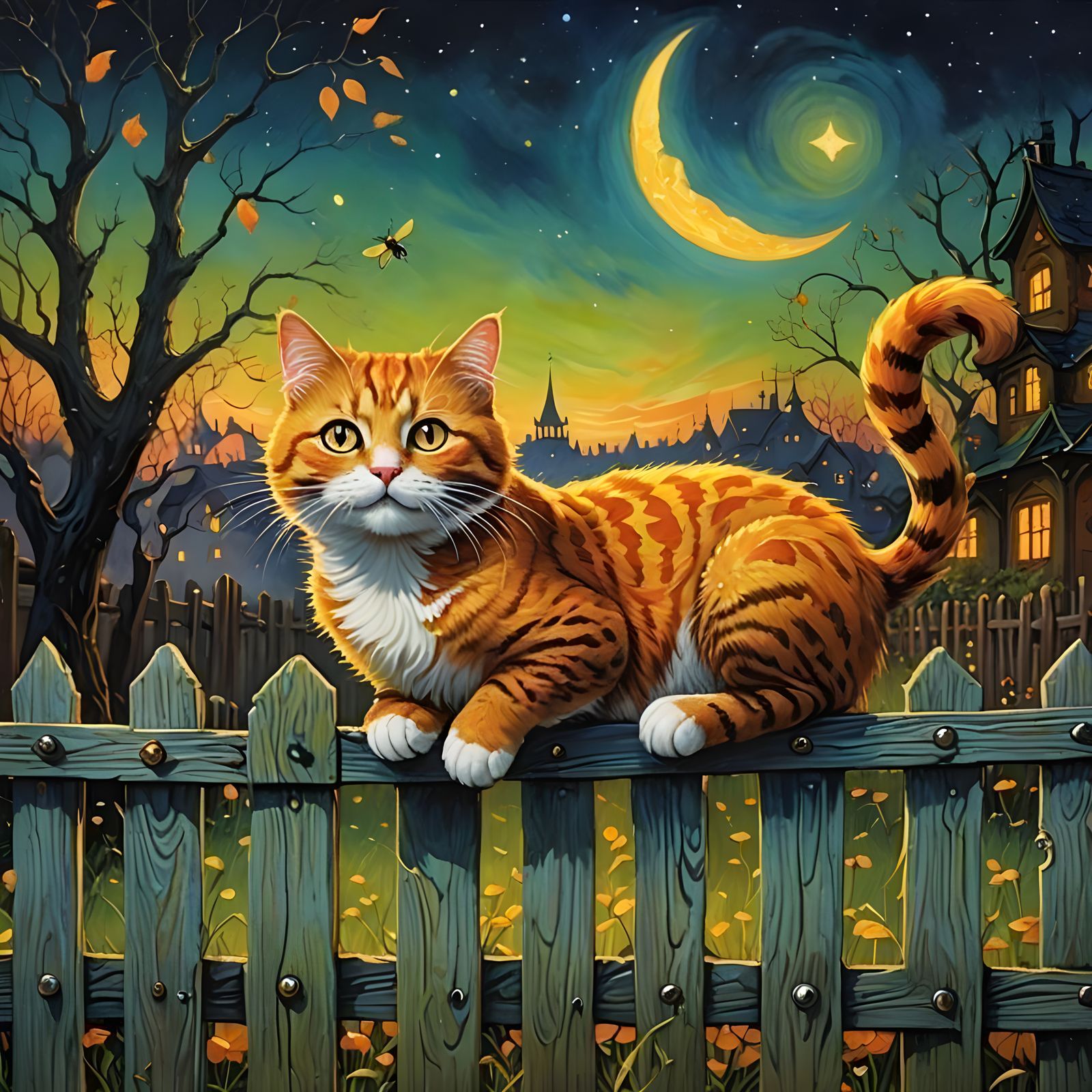 Whimsical Cat and Firefly Painting in Fantasycore Style