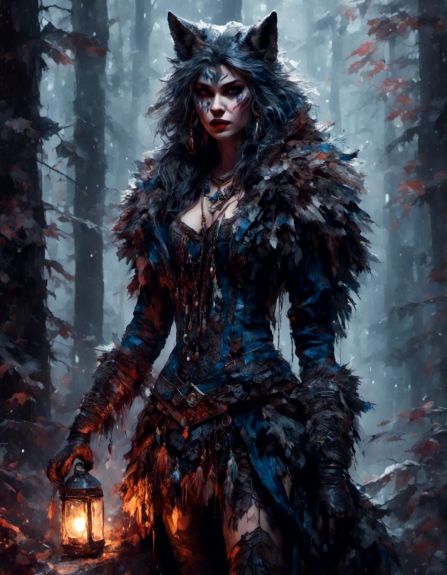 Cute Werewolf Girl Portrait in Forest, Gouache Style