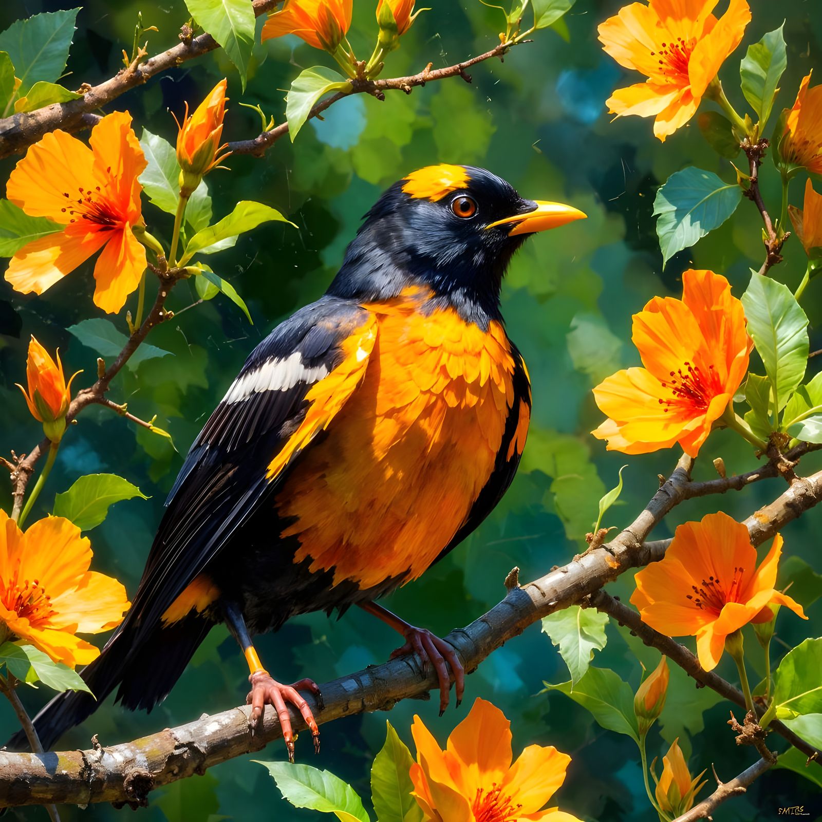 Blackbird with Yellow Head in Blooming Tree at Sunset