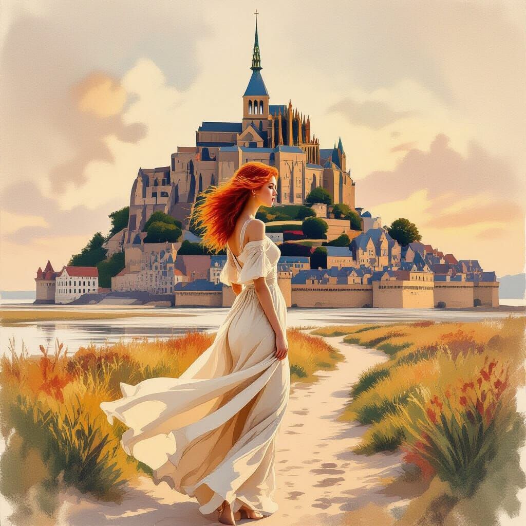 Red-Haired Woman at Mont Saint-Michel, Impressionistic Style