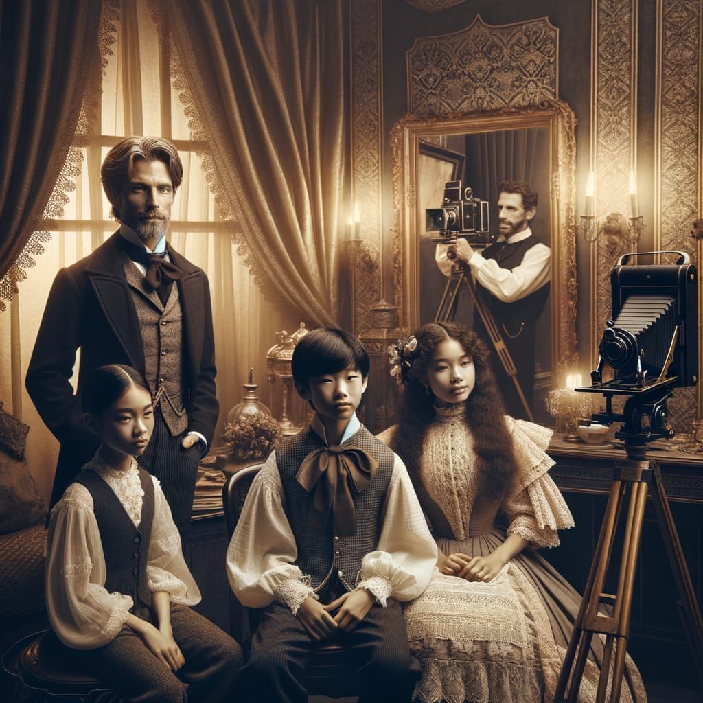 “A Victorian family posing formally for a photograph, wearin...