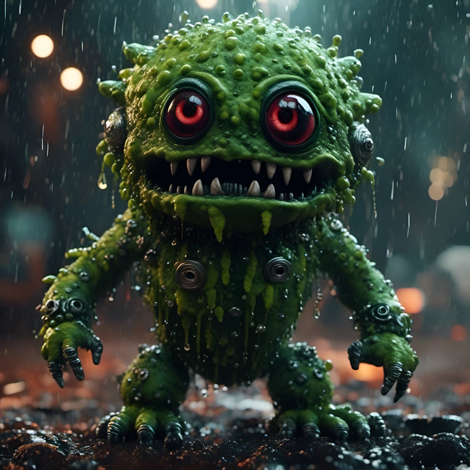 Green Acid Rain Chibi Monster in Cinematic Style