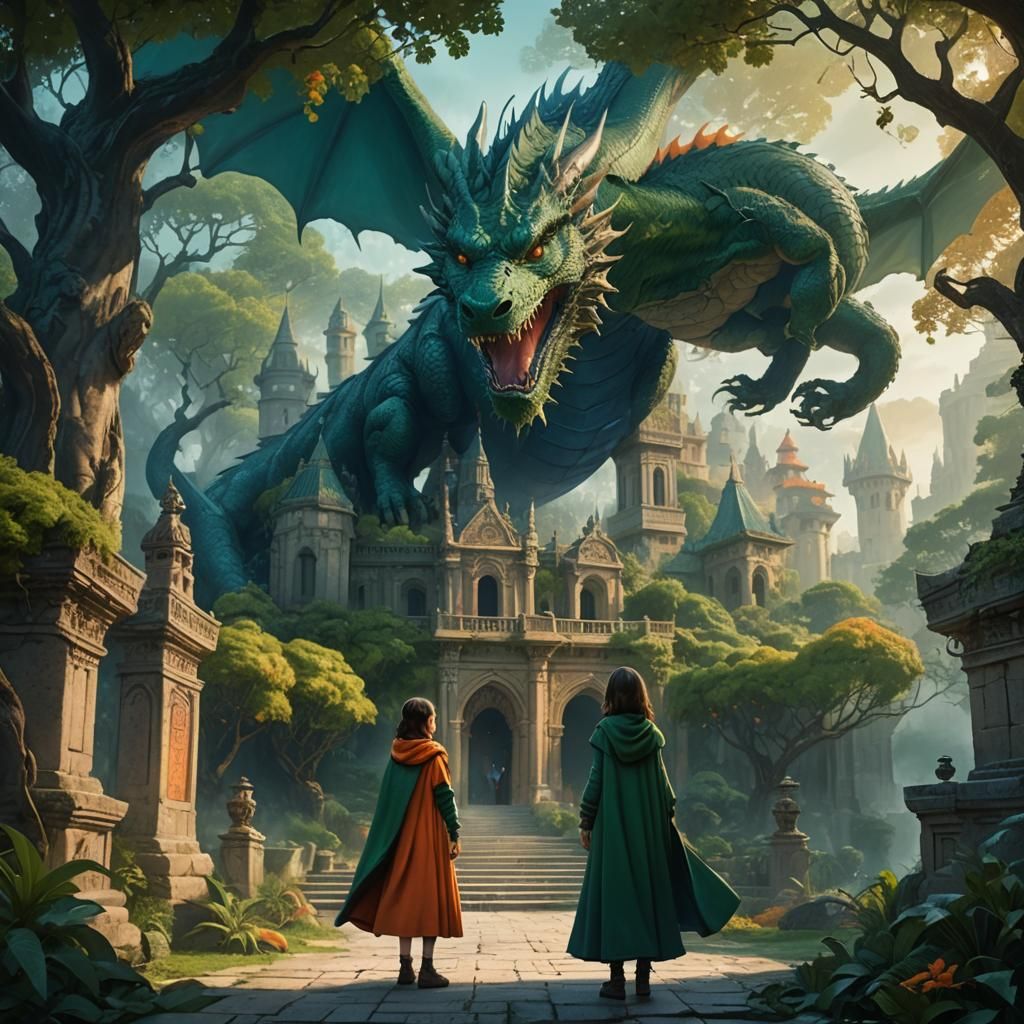 Girl and Dragon in Ancient Forest