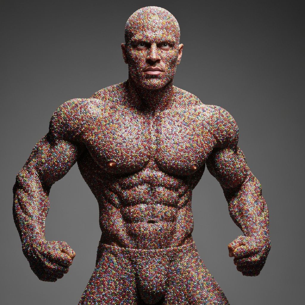 Vibrant Beaded Superhero with Muscular Physique
