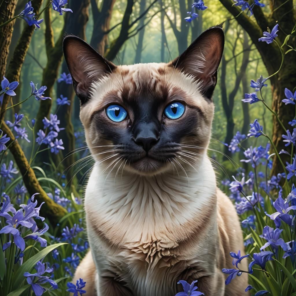 Glitch Art Siamese Cat in Bluebell Wood