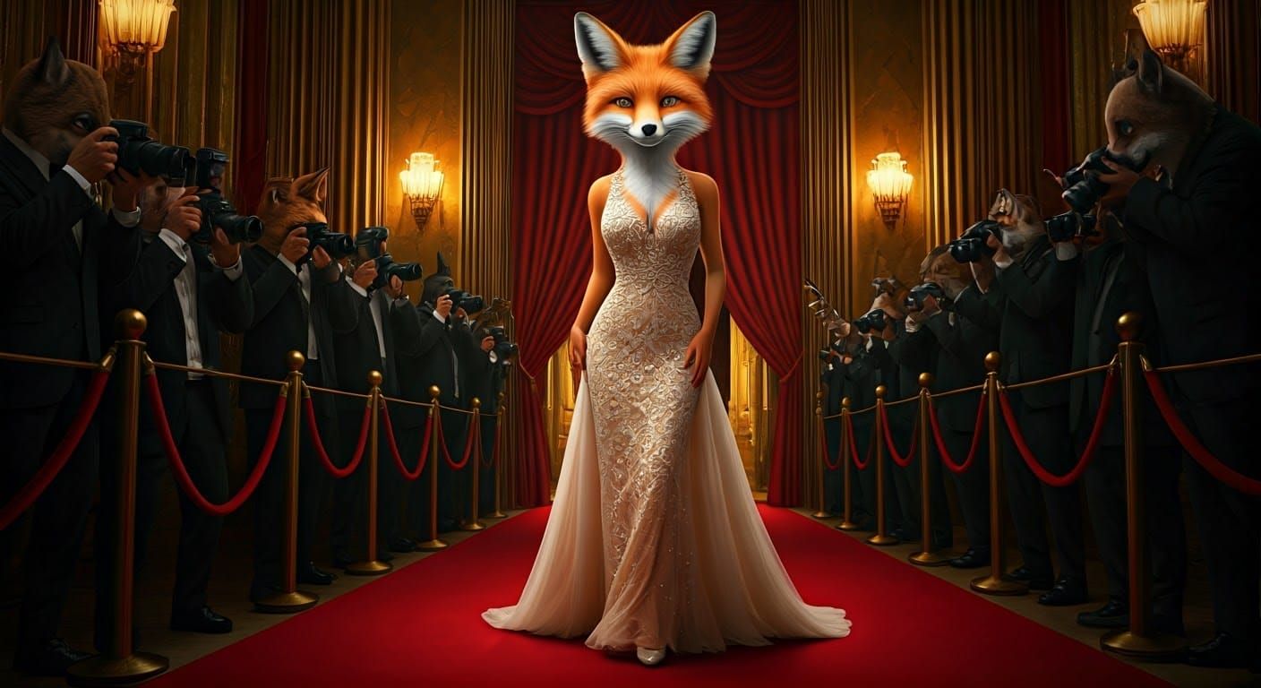 Glamorous Fox on Red Carpet in Photorealistic Art Deco Style