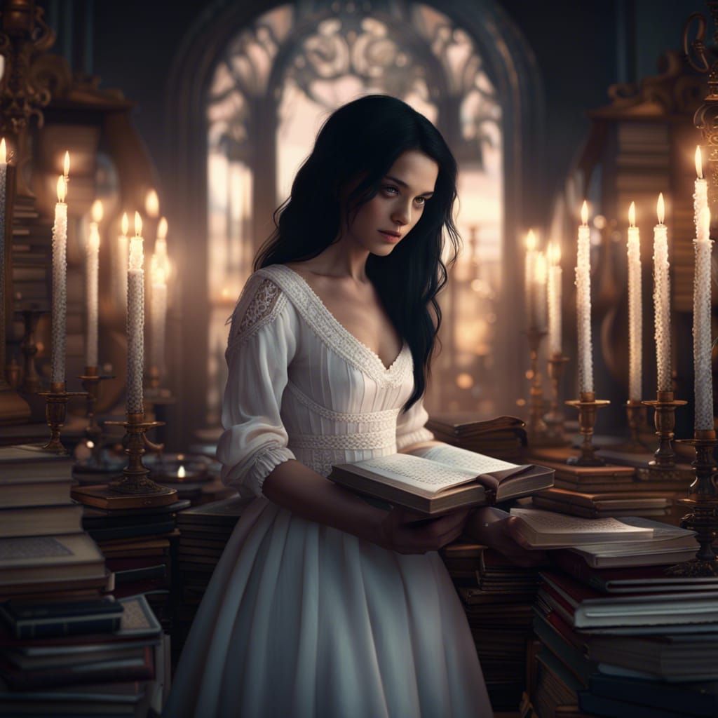 Girl with Books and Mirror: Dramatic Digital Painting
