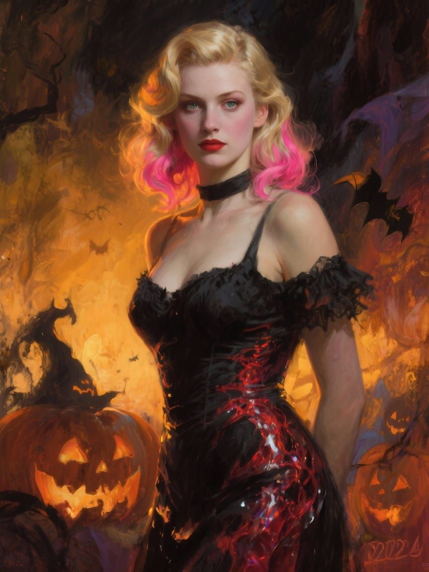 Pin-Up Woman in Halloween Twilight, Luminous Distortion