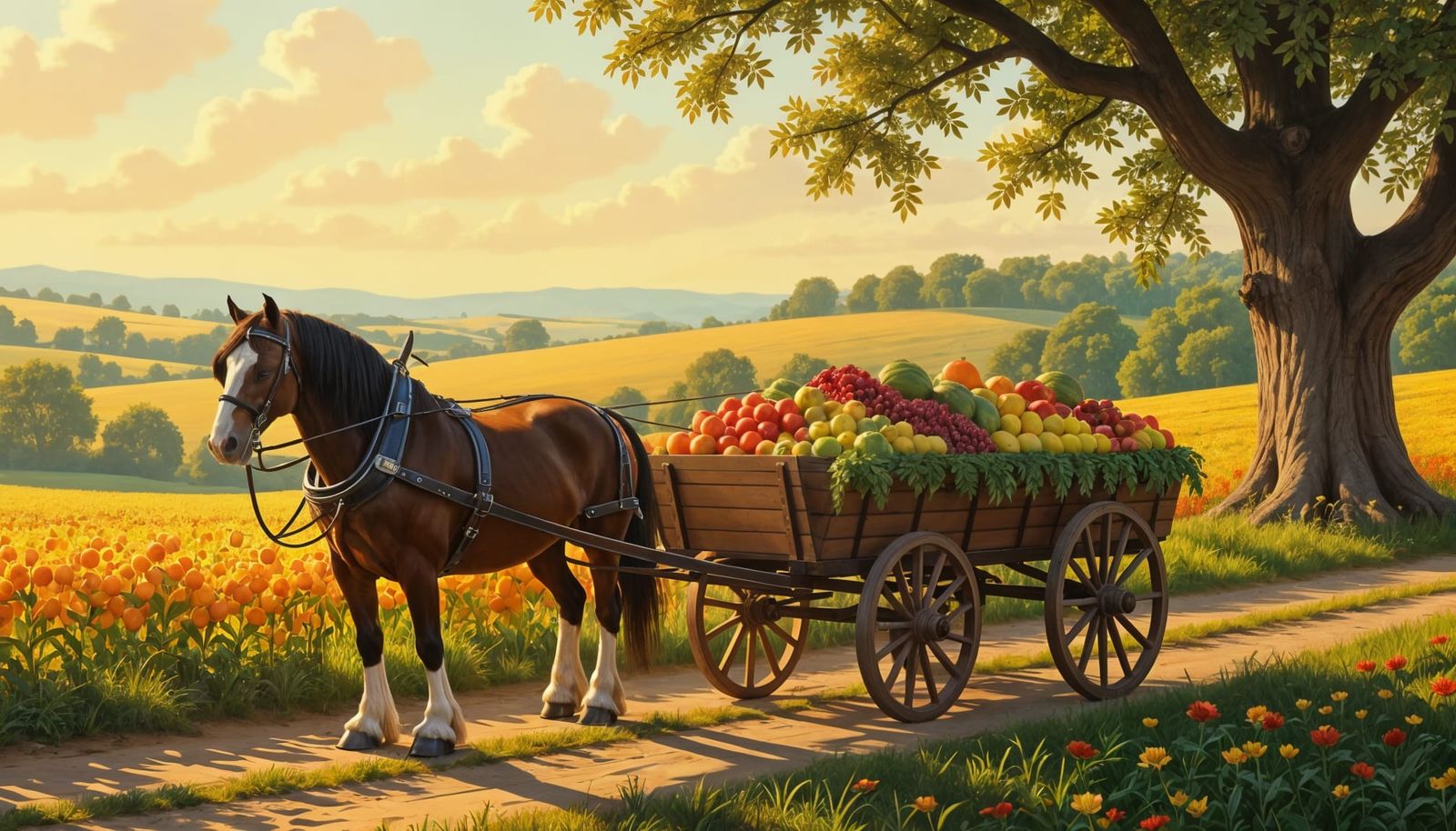 Clydesdale Horse Pulling Harvest Cart in Sunlit Landscape
