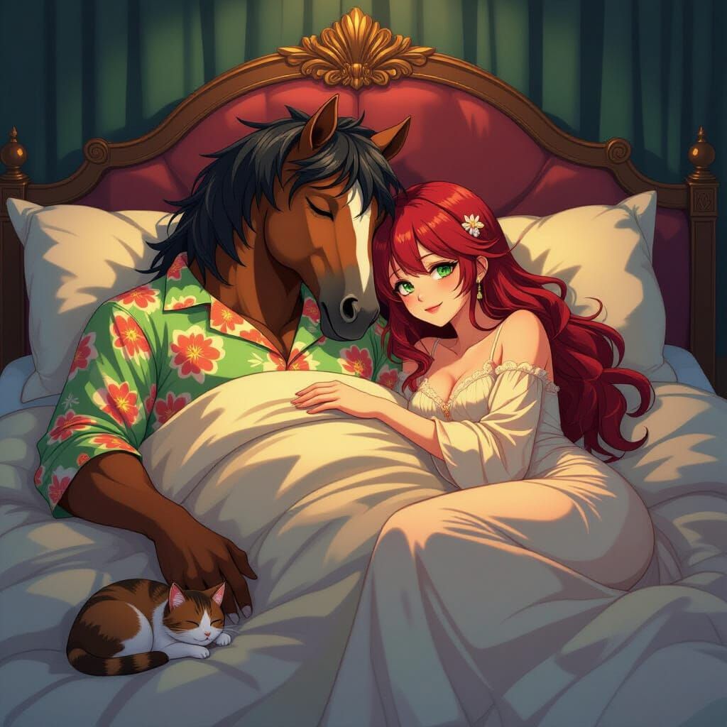 Horse-Headed Man Sleeps Beside Woman, Anime Style