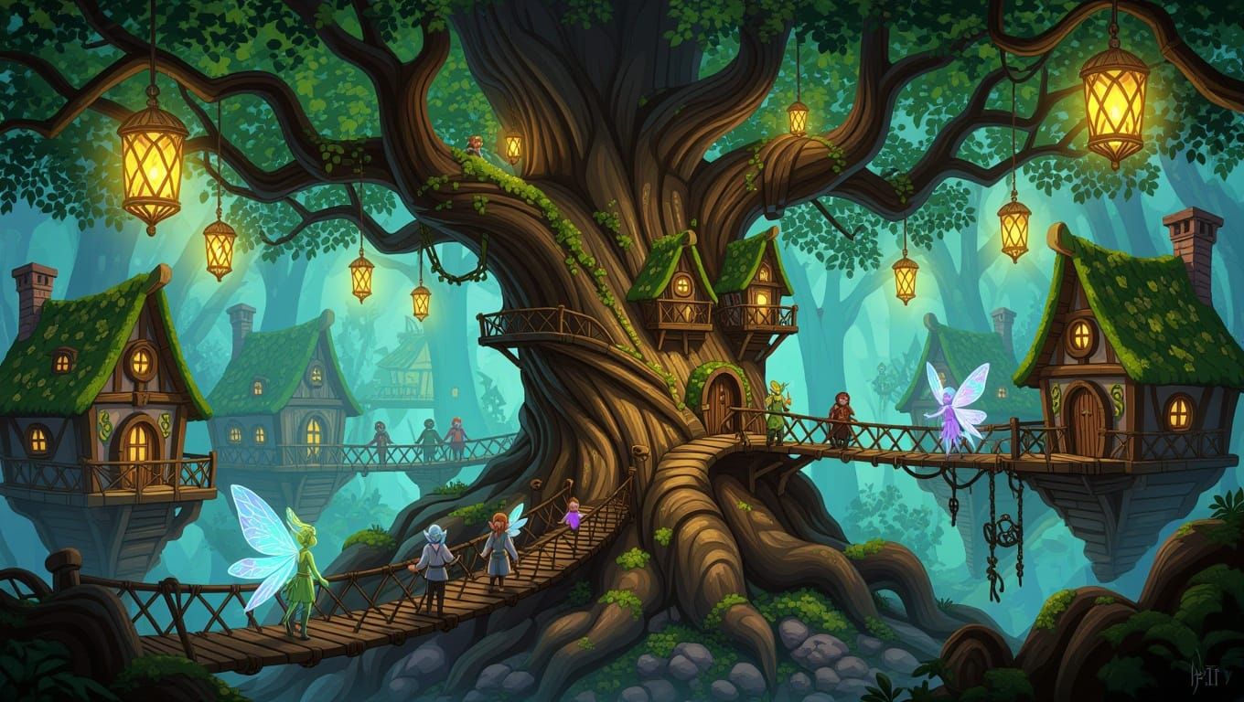 Ancient Tree City in Whimsical Art Nouveau Style