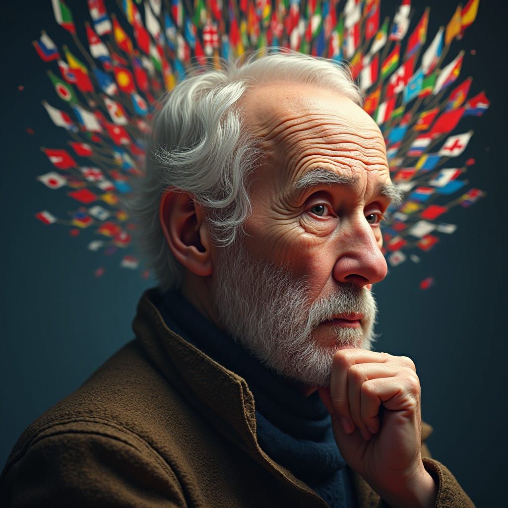 Elderly Man Surrounded by Flags, Symbolizing Global Unity in...