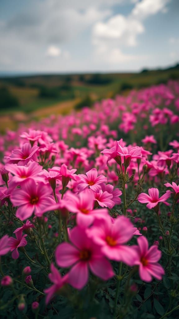 Pink Flowers Symbolize Resilience in Hyperrealistic Landscap...