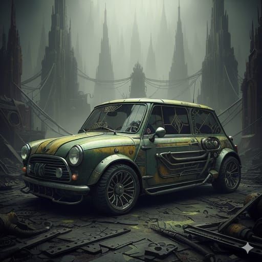 Futuristic Art Deco Mini Cooper in Dark Cityscape