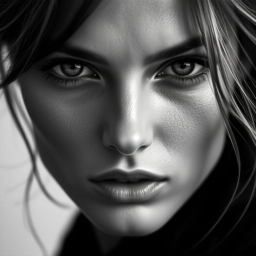 Supermodel Face Close-Up in High-Contrast Black and White
