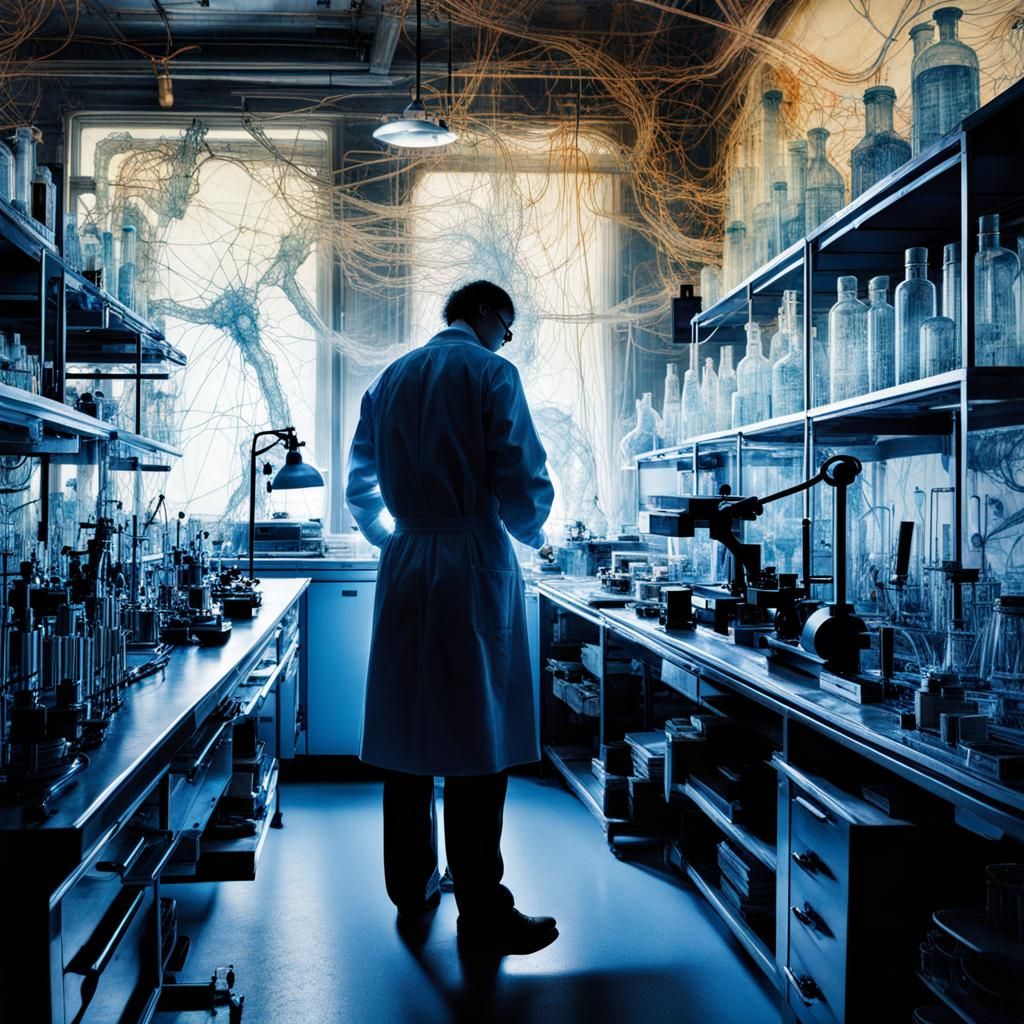 Silhouetted Scientist in Lab with Double Exposure Effect