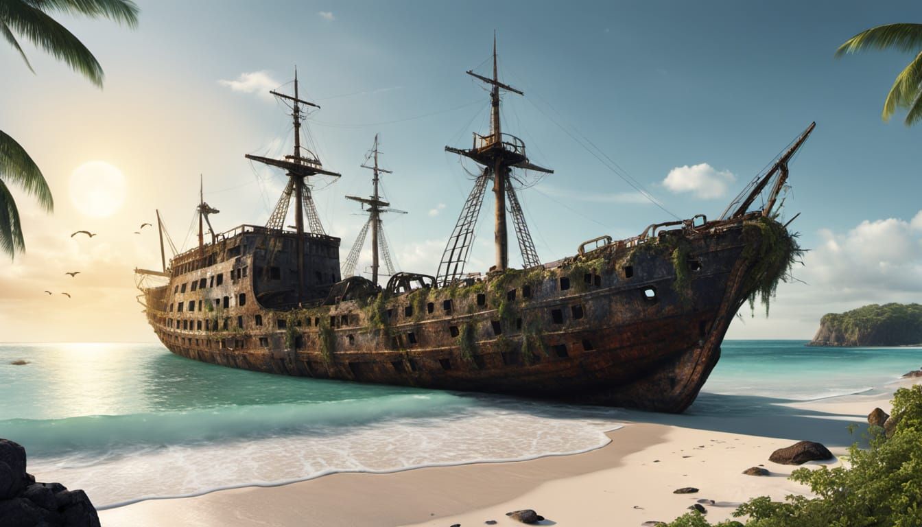 Rustic Shipwreck on Tropical Beach at Full Moon