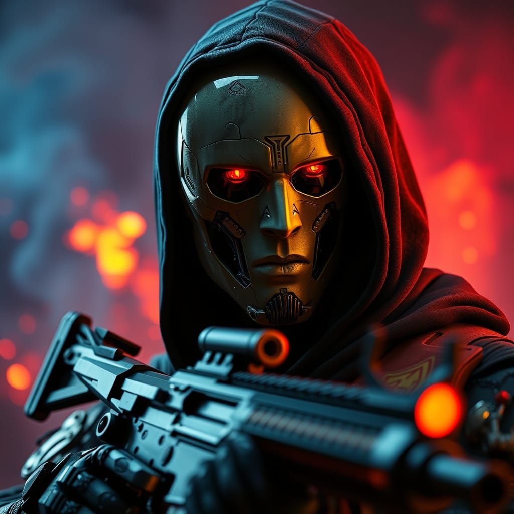 Cybernetic Warrior in Dark Futuristic Landscape